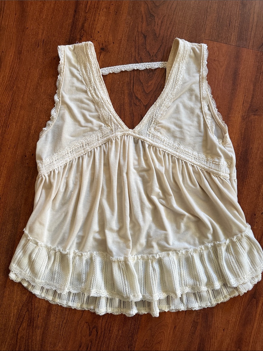 Boho Lace-Trim Cream Babydoll Tank Top